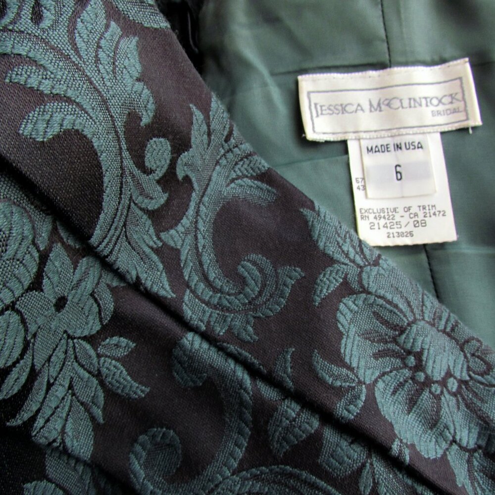 JESSICA McCLINTOCK BROCADE DRESS, 6, DARK GREEN OFF-SHOULDER ROMANTIC VINTAGE - Picture 4 of 13